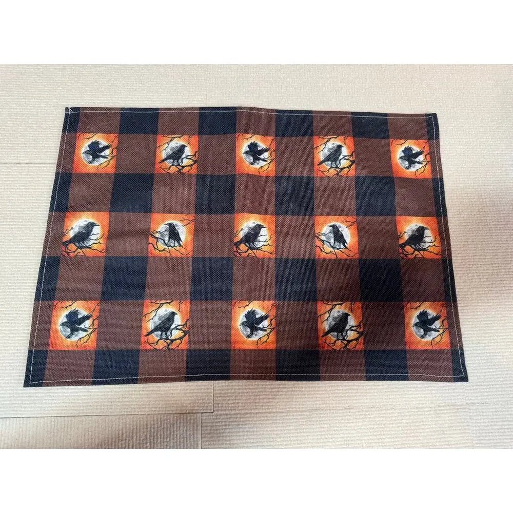 Halloween Crow Placemats (5) Buffalo Plaid Full Moon Raven Gothic Autumn Fall